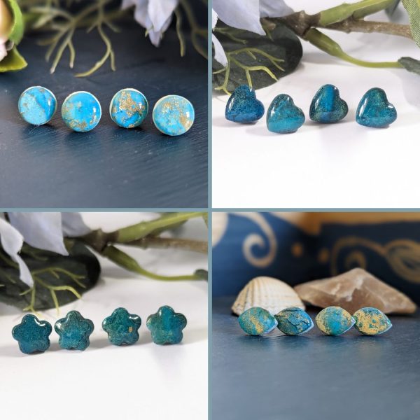 Opals Studs Collection - opal blue effect stud earrings, flowers, round and hearts
