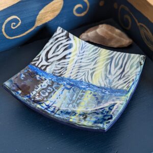 Trinket Blue Wave animal print - a fun but beautiful trinket dish with blue mixed clay and an animal print over painted design