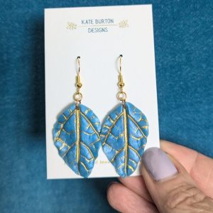 Gold Leaves Earrings - beautiful blue and gold leaf earrings