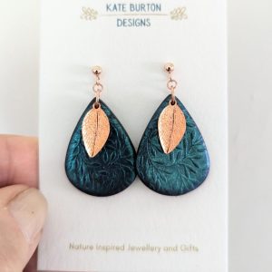 Leaf Teardrop Earrings - beautiful textured teardrop and rose gold leaf detail