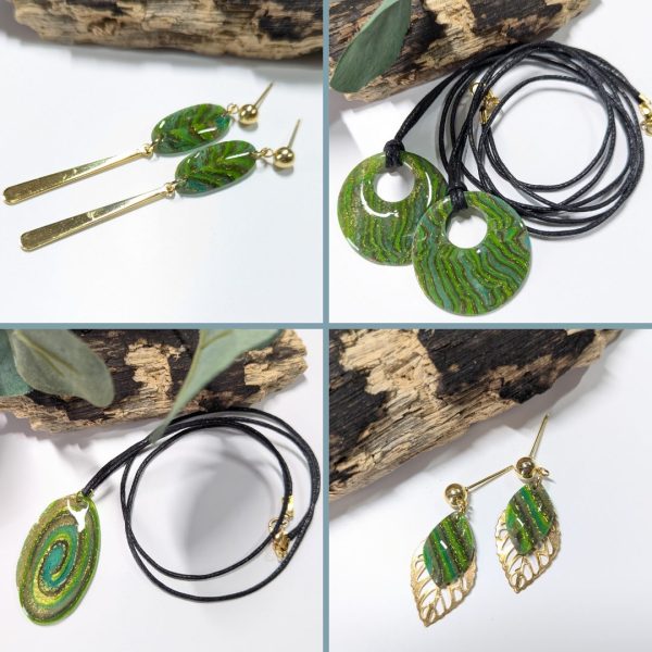 Spring Green collection - beautiful spring green jewellery with gold leaf flecks and swirl patterns