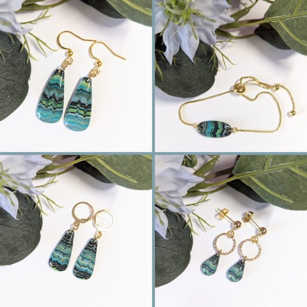 Ocean Waves collection - image of four beautiful ocean wave effect pattern with blues and greens in drop earrings and bracelets