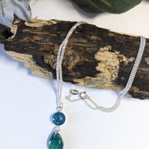 Opals Double Drop Necklace - beautiful opal effect leaf shape drop with round connector in same material on 18 inch sterling silver chain
