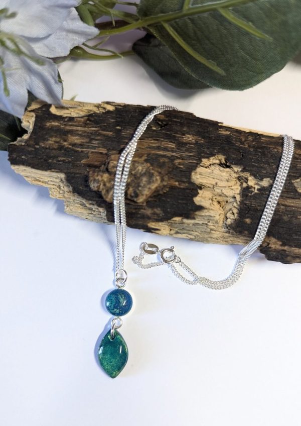Opals Double Drop Necklace - beautiful opal effect leaf shape drop with round connector in same material on 18 inch sterling silver chain