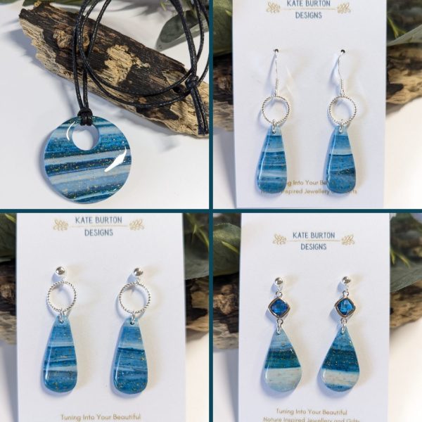 Sea-Line Collection - blue and white blended stripes in earrings and a pendant using blue mixes and gold leaf specs to create a sea effect