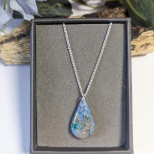 Ocean Marble Pendant - beautiful blue and gold translucent clay mix teardrop pendant on 18" sterling silver