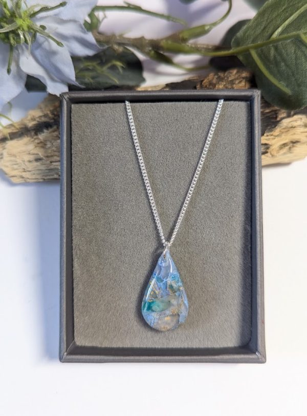 Ocean Marble Pendant - beautiful blue and gold translucent clay mix teardrop pendant on 18" sterling silver