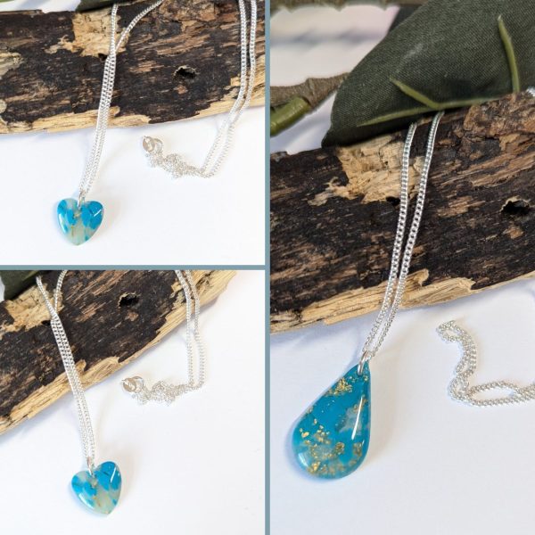 Turquoise marble pendants - beautiful summer blue and translucent pendant drops with 18" curb silver chain