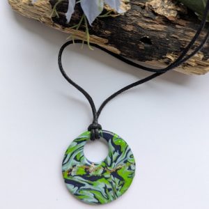 Mixed Green Pendants - round doughnut shape pendant on black cotton chain