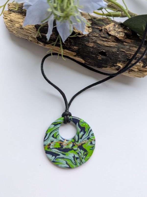 Mixed Green Pendants - round doughnut shape pendant on black cotton chain