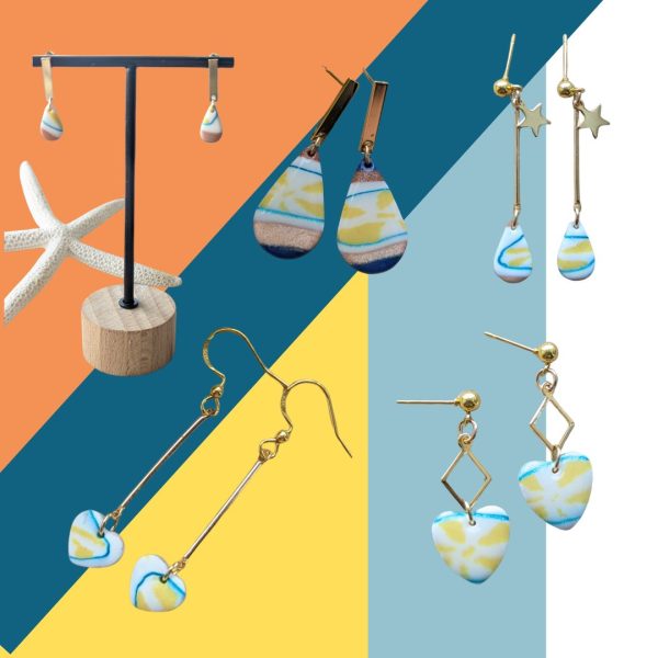 Antonia Earrings - Creating Bright summery earrings with blue, white, yellow and terracotta colours. Dangly Earrings