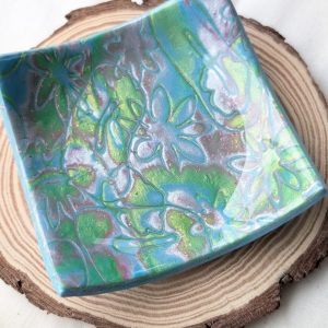 Blue Floral Trinket Dish - blue green and pink floral pattern dish approximately 8cm square