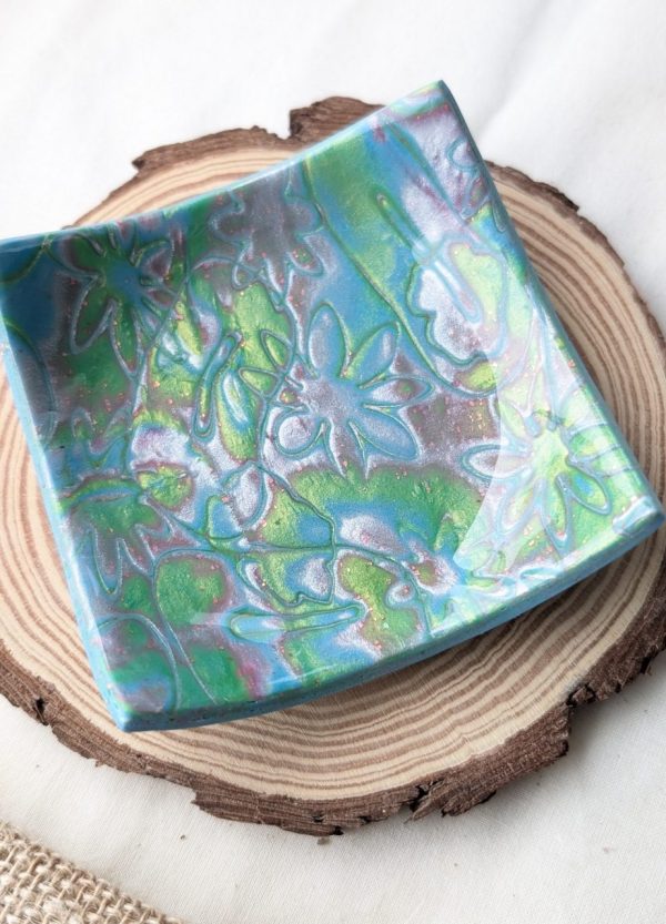 Blue Floral Trinket Dish - blue green and pink floral pattern dish approximately 8cm square