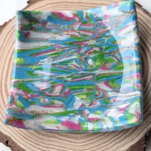 Ocean flora trinket dish - beautiful blue, green, white and pink mixed clay creating a lovely monet effect under the ocean style, trinket dish