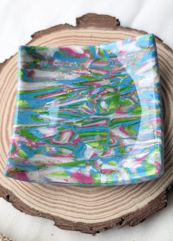 Ocean flora trinket dish - beautiful blue, green, white and pink mixed clay creating a lovely monet effect under the ocean style, trinket dish