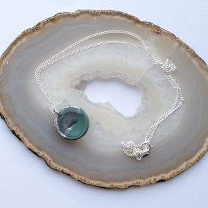 Arla Pendant - teal and chrome disc pendant on an 18" sterling silver chain