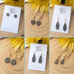 Betty Earrings - lovely navy and gold embossed floral pattern earrings