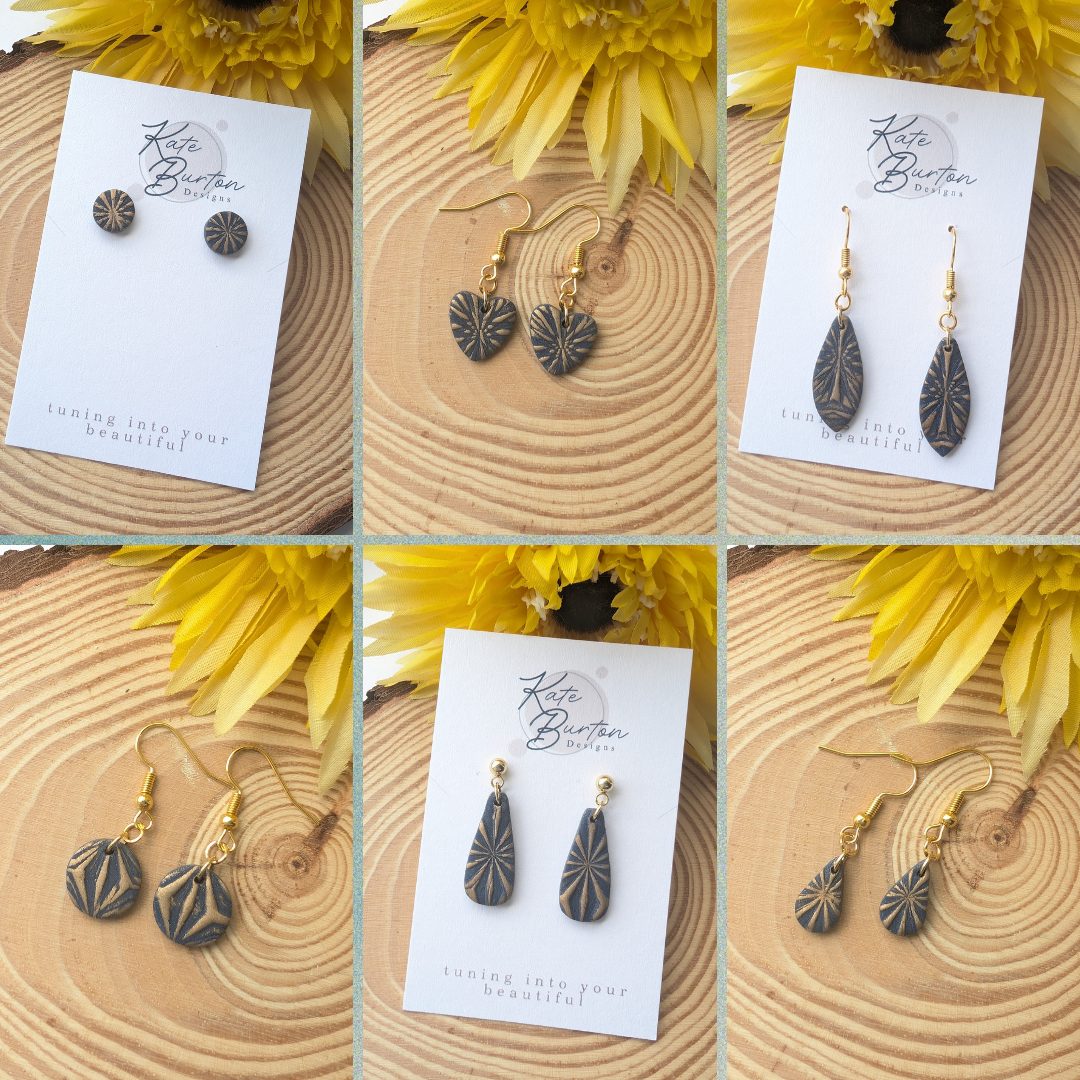 Betty Earrings - lovely navy and gold embossed floral pattern earrings