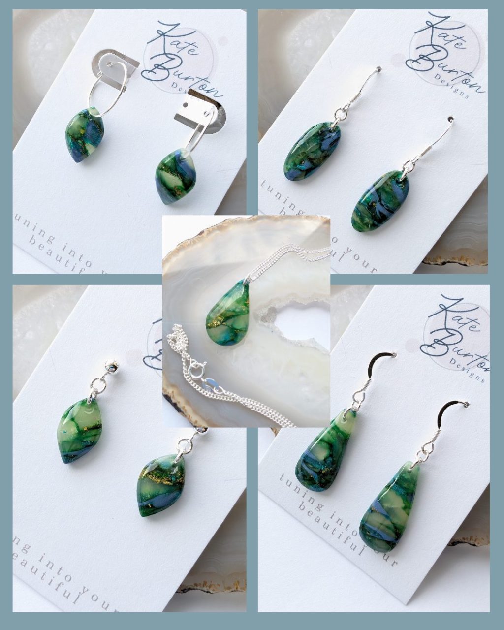 Chalk Stream Collection - stunnings translucent clay and emerald ink creating a chalk stream effect jewellery collection