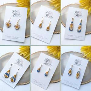Hello Sunshine Earrings - sky blue and orange flower pattern earrings