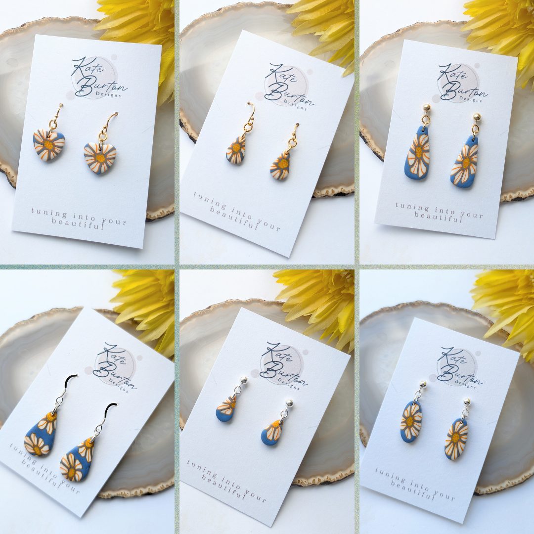 Hello Sunshine Earrings - sky blue and orange flower pattern earrings