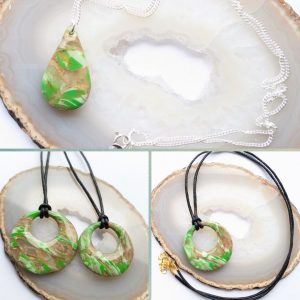Spring Pendant - vibrant green, gold and translucent clay mix pendants