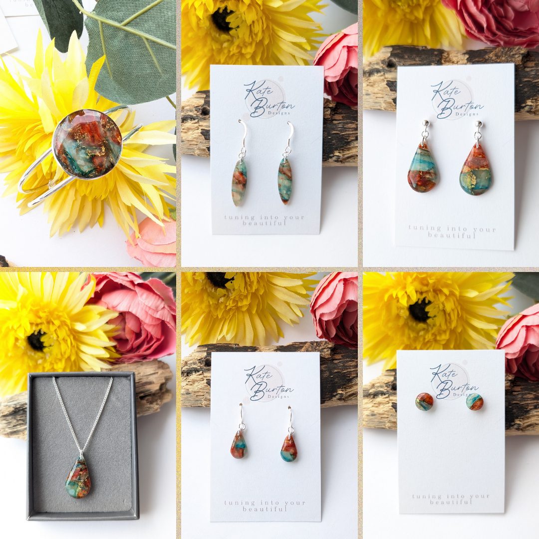 Ruby Tuesday Jewellery Collection - beautiful ruby red, blue and gold clay mix jewellery. Earrings, necklace and bangles